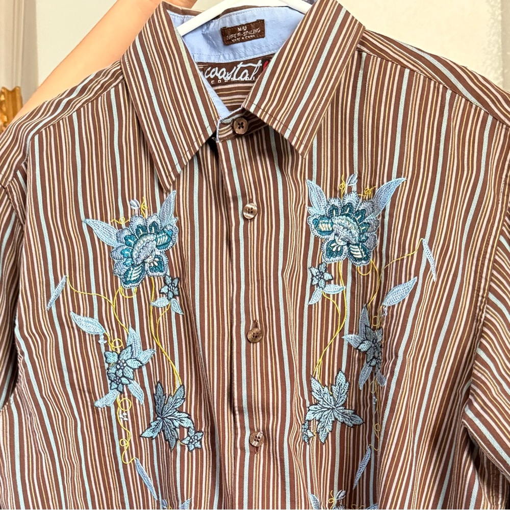 Stylish Brown Striped Shirt with Blue Floral Accents